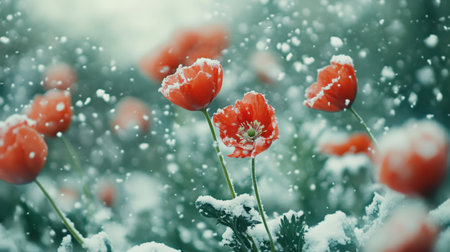Captivating scene of bright red poppies standing tall amidst a gentle snowfall, creating a stunning contrast against the serene winter landscape.の素材