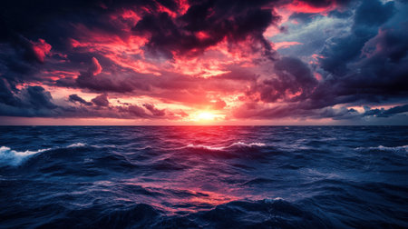 A stunning view of a sunset over the ocean, with dark, moody clouds and vibrant pink and orange tones reflecting on the water's surface.の素材