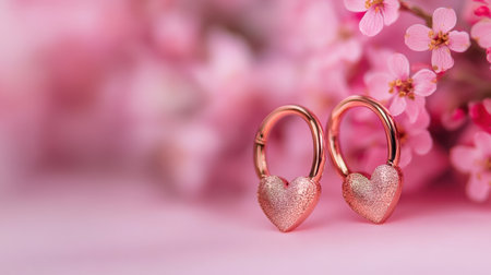 Beautiful heart-shaped earrings in rose gold hue, elegantly displayed among soft pink blossoms, creating a romantic and charming atmosphere. Perfect for fashion lovers.の素材