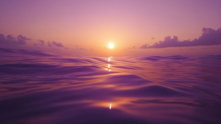 A breathtaking sunset casts a serene purple hue over calm ocean waters, with gentle waves reflecting the warm light, creating a tranquil atmosphere perfect for relaxation.の素材