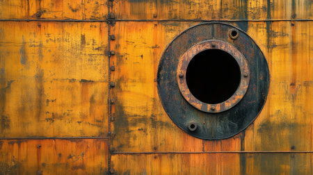 Capture the essence of industrial design with this striking image of a rusty metal surface. The circular opening adds character to the textured orange and yellow hues.の素材