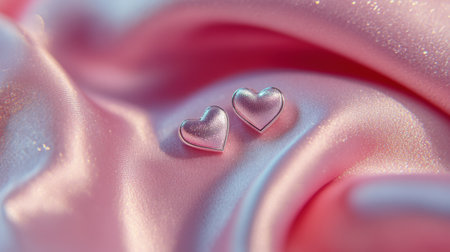 A beautiful arrangement of two shiny heart-shaped metal elements resting on soft pink satin fabric, creating a romantic and elegant visual.の素材