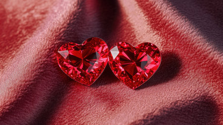 Two exquisite red heart-shaped gems sit on a plush velvet surface, radiating elegance and charm, perfect for romantic occasions and exquisite gifts.の素材