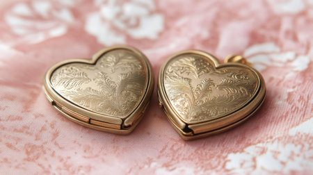 Two vintage heart-shaped lockets with intricate engravings displayed against a soft floral fabric background. A perfect symbol of love and sentimentality.の素材