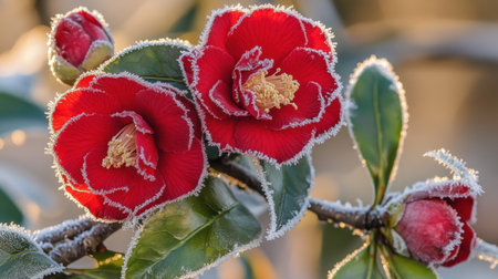 Captivating image of bright red camellia flowers adorned with delicate frost, showcasing nature's beauty in a serene morning setting.の素材