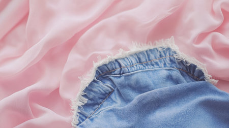 A close-up view of soft pink fabric paired with a denim piece featuring frayed edges creates a stylish and trendy visual for fashion themes.の素材