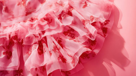 This image features a delicate pink tulle fabric adorned with a floral print and soft ruffles, creating a feminine and elegant design in a light setting.の素材