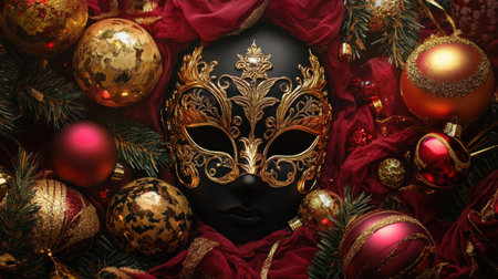 This artistic image features an elegant black mask adorned with intricate gold detailing, surrounded by colorful Christmas ornaments and festive decorations, creating a luxurious and mysterious atmosphere perfect for holiday celebrations.の素材