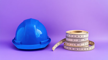 A blue hard hat rests next to a rolled measuring tape on a vibrant purple background, symbolizing safety and precision in construction and engineering work.の素材