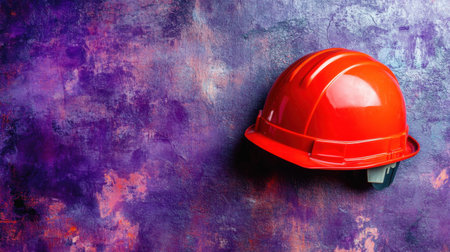 A vivid red construction helmet rests against a textured purple background, symbolizing safety and industry. Ideal for themes of construction and protection.の素材