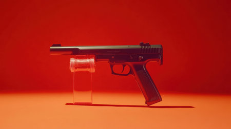 A striking display of a handgun positioned next to a transparent container set against a vibrant orange background, showcasing the artistry in firearm design.の素材