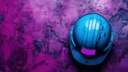 A striking blue construction helmet rests against a vibrant purple grunge wall, creating a captivating contrast ideal for design and safety themes.の素材