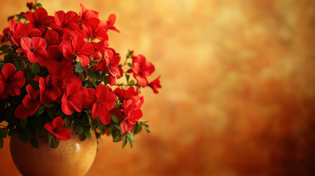 A stunning arrangement of vibrant red flowers in a decorative pot, set against a warm textured background, perfect for floral design inspiration and nature lovers.の素材