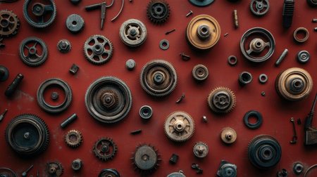 Explore a captivating arrangement of vintage mechanical gears and parts set against a bold red background, perfect for industrial or retro themes.の素材