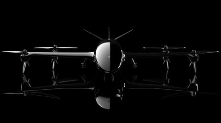 This image features a futuristic aircraft design emphasizing sleek lines and advanced technology. The shiny black surface and reflective quality create a dramatic effect, perfect for illustrating innovation in aviation.の素材