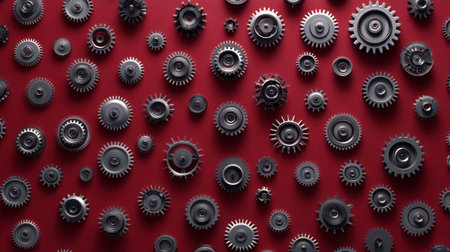 This image showcases an artistic arrangement of gears and cogs in various sizes set against a striking red background, ideal for industrial and technological themes.の素材