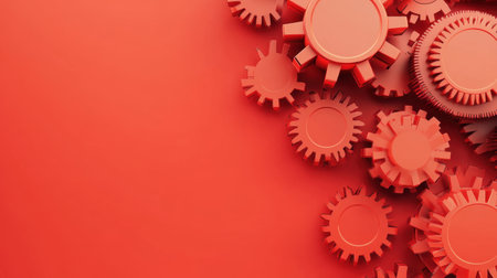 This striking image showcases a collection of red gears and cogs, creating an abstract and modern industrial design suitable for technology-related themes.の素材