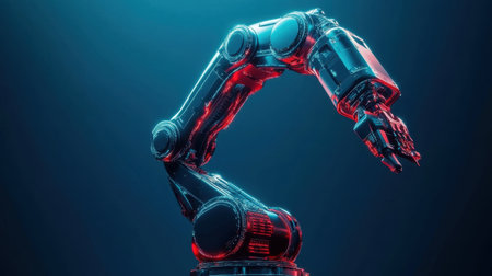 This striking image showcases a futuristic robotic arm illuminated in neon lights, highlighting its precision engineering and advanced technology in a captivating visual context.の素材