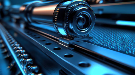 A close-up view showcasing a glossy cylindrical object on a metallic surface illuminated by blue lighting, highlighting intricate textures and reflections.の素材