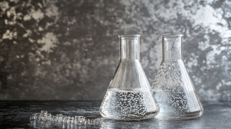 This image features two clear laboratory flasks filled with bubbling liquid, set against a dark textured background, perfect for illustrating scientific experimentation.の素材