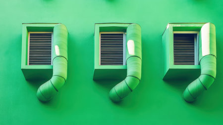 A striking image showcasing three unique ventilation windows against a vibrant green wall, highlighting modern architectural design and vivid urban aesthetics.の素材