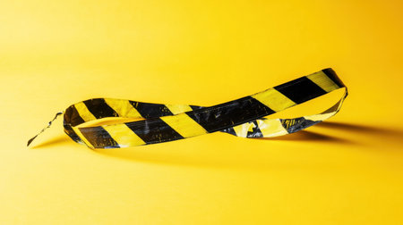 This image features black and yellow caution tape elegantly arranged on a bright yellow background, creating an eye-catching composition ideal for safety themes and creative projects.の素材
