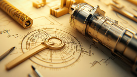 This image showcases a collection of golden mechanical tools arranged on an engineering drawing, highlighting precision instruments ideal for technical design and drafting.の素材