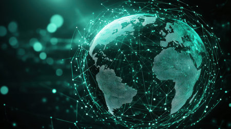 Stunning abstract representation of the globe featuring interconnected lines and dots, showcasing the concept of digital networks and global connectivity.の素材