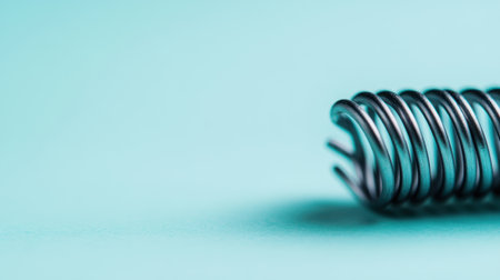 A detailed close-up image of a metallic spring set against a soft blue background, showcasing its sleek curves and shine, perfect for various design applications.の素材