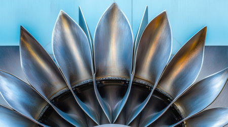 A striking close-up image displaying a turbine blade with a shiny metallic finish. This visual showcases modern design, emphasizing intricate details and industrial aesthetics, ideal for use in aviation and engineering contexts.の素材