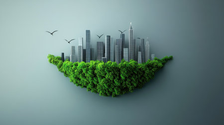 This captivating image illustrates a blend of urban skyline and vibrant greenery, symbolizing harmony between city life and nature. It evokes themes of sustainability and balance.の素材