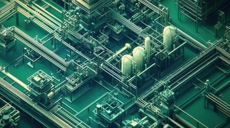 A captivating abstract representation showcasing intricate industrial infrastructure featuring a network of pipes and tanks. This digital design emphasizes the complexity of modern machinery in a futuristic environment, perfect for technology and engineering themes.の素材