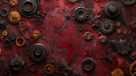 This image showcases an intricate arrangement of vintage gears and cogs on a deep red background, perfect for enhancing industrial designs or steampunk themes.の素材