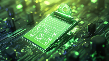 Intricate circuit board design featuring a green digital interface layered on a chip, representing advanced technology and data processing in modern electronics.の素材