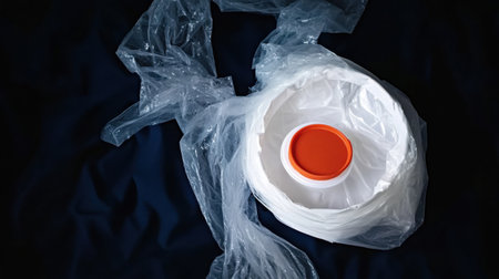 This image captures a plastic container surrounded by a transparent plastic bag against a dark background, emphasizing the urgent need for recycling and environmental awareness.の素材