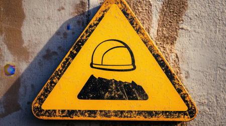 This image shows a weathered yellow triangular sign with a black illustration of a hard hat above rocky ground, indicating a construction hazard.の素材