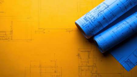 This image showcases architectural blueprints rolled out against a bold orange background, ideal for design and construction projects focusing on creativity and planning.の素材