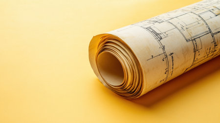 A vintage blueprint roll displayed on a bright yellow background, showcasing intricate designs and measurements, ideal for architecture, design, and artistic inspiration.の素材
