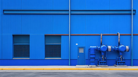 A striking blue industrial wall featuring prominent water pumps and a simple door, highlighting modern design elements in an urban landscape.の素材