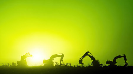 A stunning silhouette of excavators lined up against a bright green sunrise, capturing the essence of construction work at dawn. The scene reflects vigor and hope.の素材