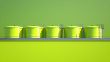 A striking image of bright green industrial storage tanks featuring sleek metal railings against a smooth wall, ideal for themes of modern infrastructure and environmental awareness.の素材