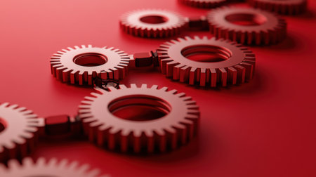 This striking image features a series of red metallic gears arranged in a captivating pattern on a glossy surface, embodying themes of technology and engineering.の素材