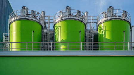 Bright green storage tanks stand against a clear blue sky at an industrial facility, showcasing modern manufacturing architecture and vibrant color contrast.の素材