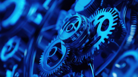 A striking close-up image showcasing intricate gears in various sizes, beautifully illuminated with blue tones, emphasizing the precision of engineering design.の素材