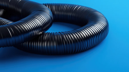 This image features a close-up of black flexible tubing arranged on a vivid blue background, highlighting its smooth texture and modern design.の素材