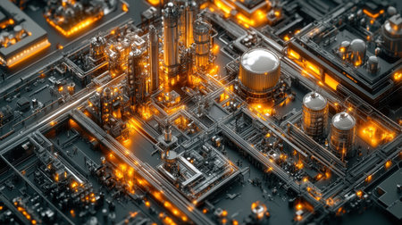 A stunning aerial view of a futuristic industrial complex featuring intricate pipelines and bright orange lights, representing modern technology and innovation.の素材