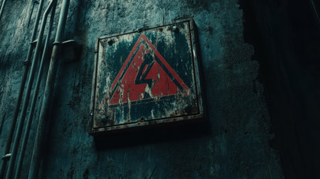 A weathered warning sign indicating high voltage hazards is mounted on a grungy wall. The surrounding electrical cables enhance the industrial atmosphere, emphasizing safety.の素材