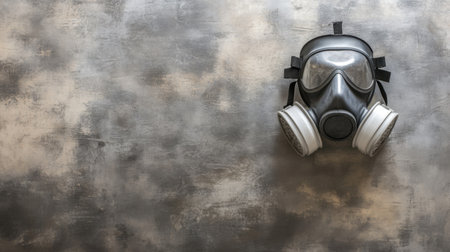 A dark gray gas mask sits against a textured gray background, representing protection and safety in environments that pose health risks, showcasing preparedness.の素材