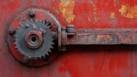 This closeup image features a rusty gear mechanism against a vibrant red background, showcasing intricate details and industrial charm, perfect for design use.の素材