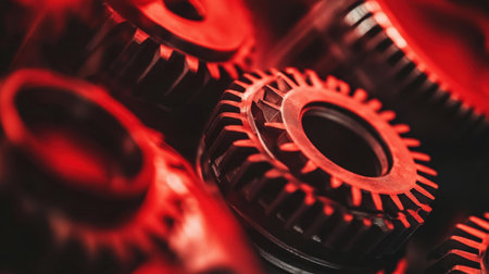 This striking close-up image showcases mechanical gears illuminated by a dramatic red light, emphasizing their intricate design and industrial beauty.の素材